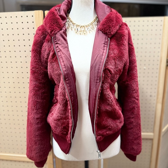 Plush Burgundy Faux Fur Jacket - Picture 1 of 7